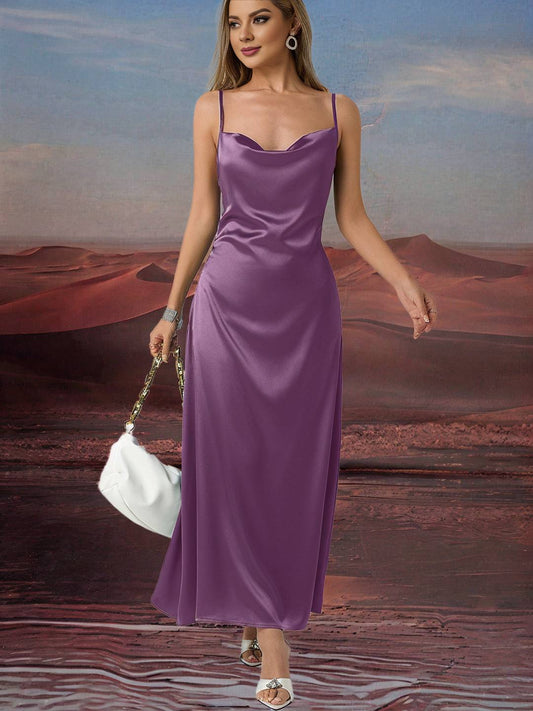 Zakaka Purple Satin Maxi Dress Cowl Neck Backless Spaghetti Straps Sleeveless Elegant Fashion
