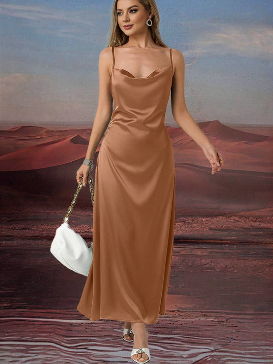 Zakaka Khaki Satin Maxi Dress Cowl Neck Backless Spaghetti Straps Sleeveless Elegant Dress