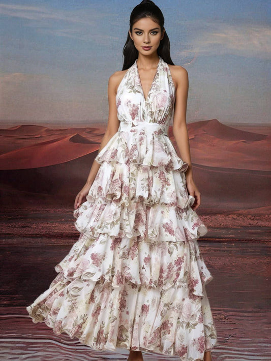 Zakaka Floral Maxi Dress Halter Neck Flouncy Backless Sleeveless Boho Elegant Vintage Prom Boutique Long Dress