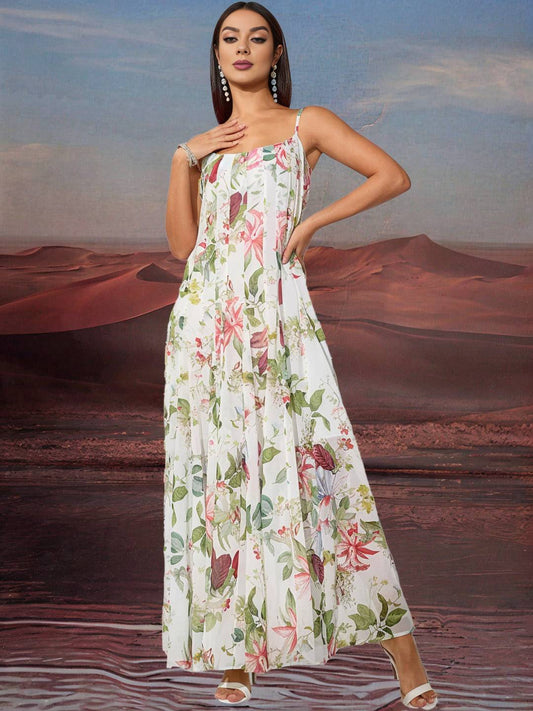 Zakaka Floral Draped Maxi Dress Spaghetti Straps Sleeveless Hem Big Swing Boho Elegant Beach Holiday Long Dress