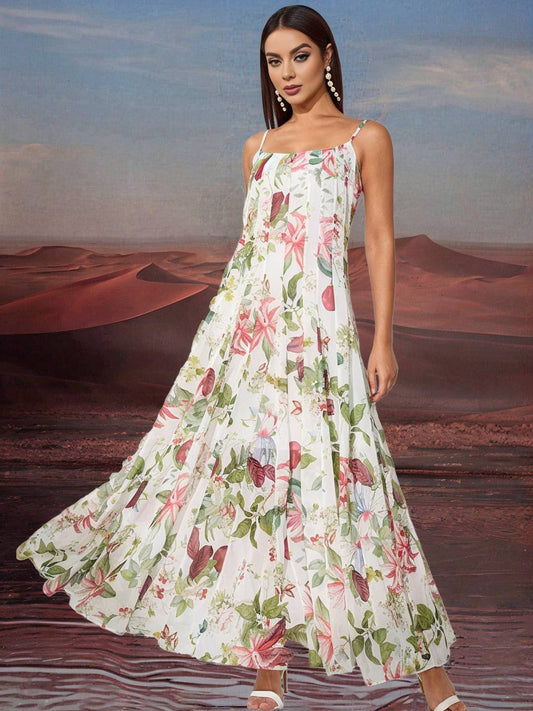 Zakaka Women Spaghetti Straps Sleeveless Hem Big Swing Boho Floral Draped Maxi Dress