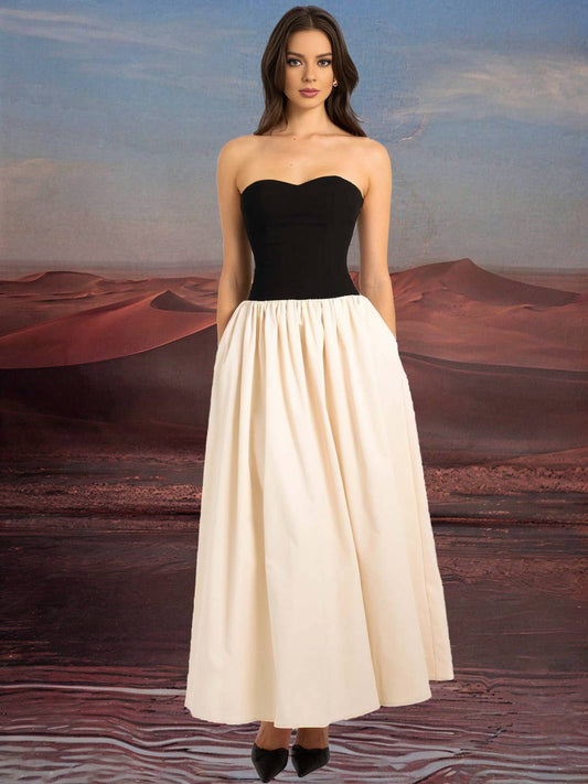 Zakaka Women Bandeau Sleeveless Elegant Hit Color Draped Maxi Dress