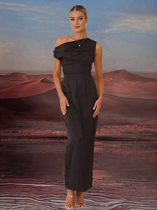 Zakaka Black Satin Maxi Dress Slim Oblique Shoulder Sleeveless Elegant Chic Evening Party Prom Bridesmaid Dress