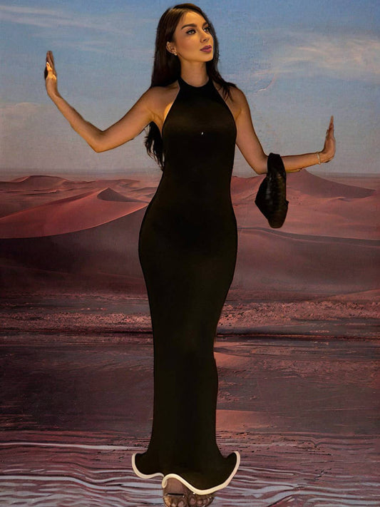 Zakaka Women Solid Color Bodycon Halter Neck Backless Sleeveless Chic Mermaid Maxi Dress