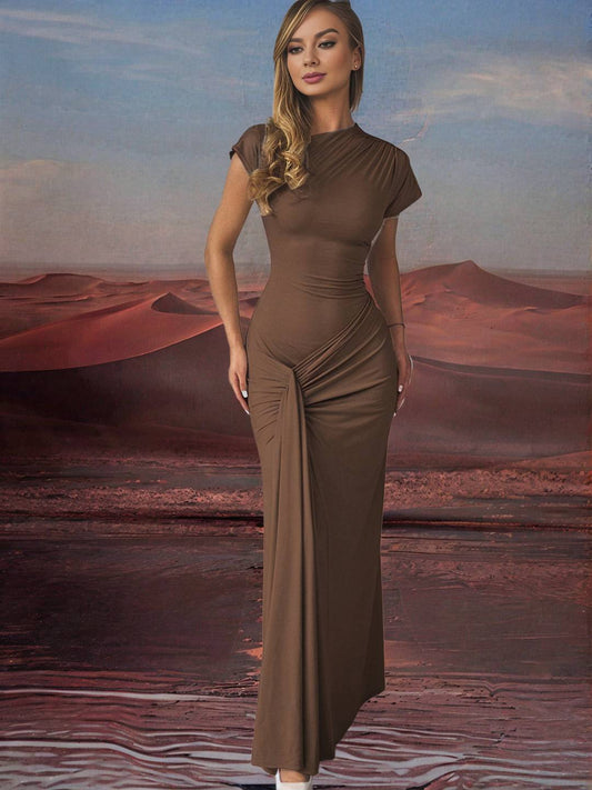 Zakaka Bodycon Round Neck Short Sleeve Lace Up Knot Elegant Fashion Prom Maxi Dress