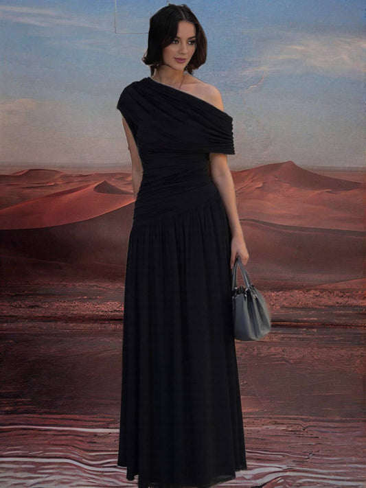 Zakaka Black Oblique Shoulder Ruffle Irregular Draped Hem Sleeveless Elegant Fashion Trendy Evening Party Maxi Dress