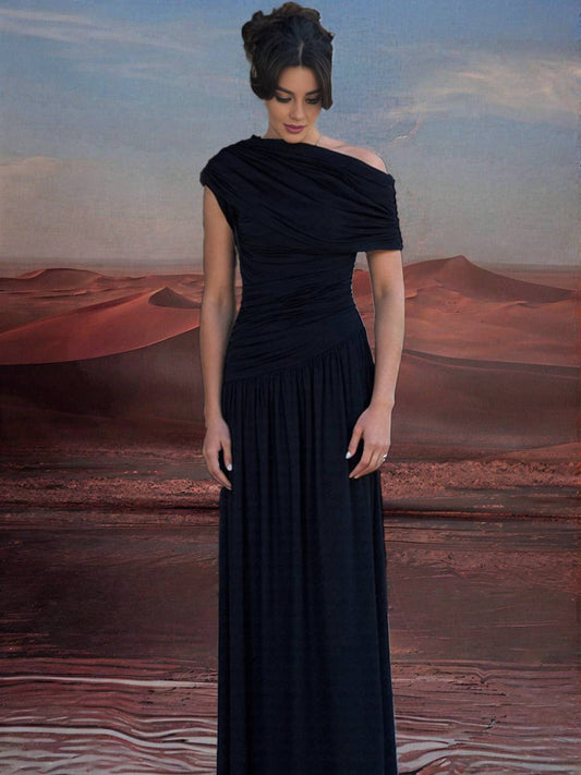 Zakaka Women Black Oblique Shoulder Ruffle Irregular Draped Hem Sleeveless Elegant Evening Party Maxi Dress