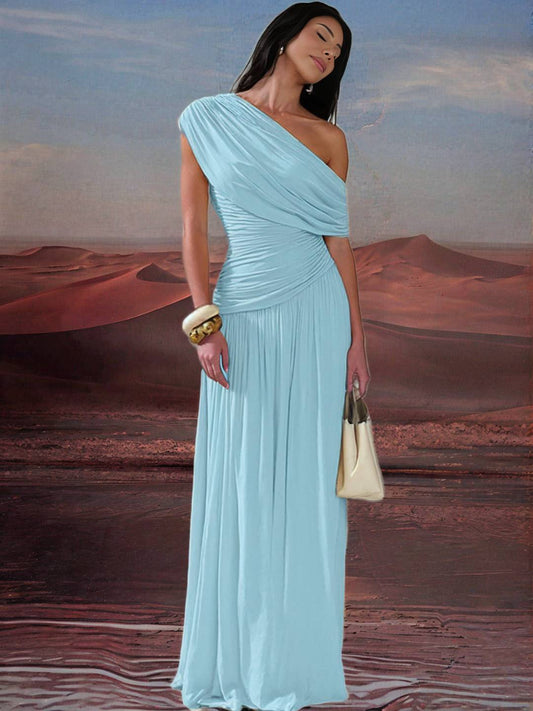 Zakaka Solid Color Oblique Shoulder Ruffle Irregular Draped Hem Sleeveless Elegant Fashion Trendy Evening Party Maxi Dress