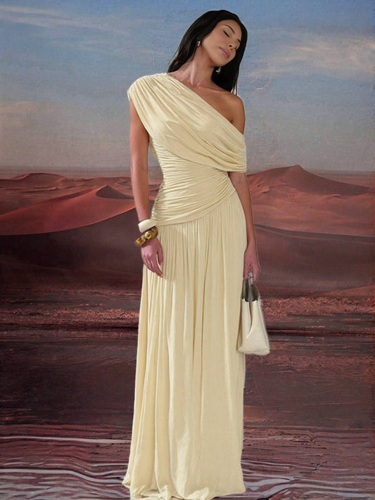 Zakaka Oblique Shoulder Ruffle Irregular Draped Hem Sleeveless Elegant Fashion Trendy Evening Party Maxi Dress