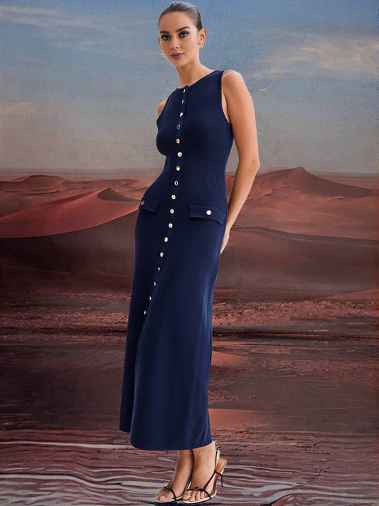 Zakaka Solid Color Slim Single Breasted Round Neck Sleeveless Elegant Fashion Casual Work Knitwear Maxi Dress
