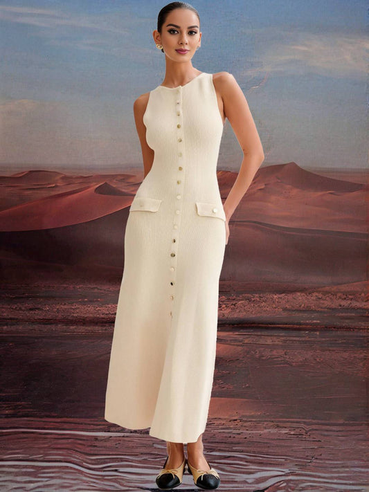 Zakaka Women Solid Color Slim Single Breasted Round Neck Sleeveless Elegant Knitwear Maxi Dress