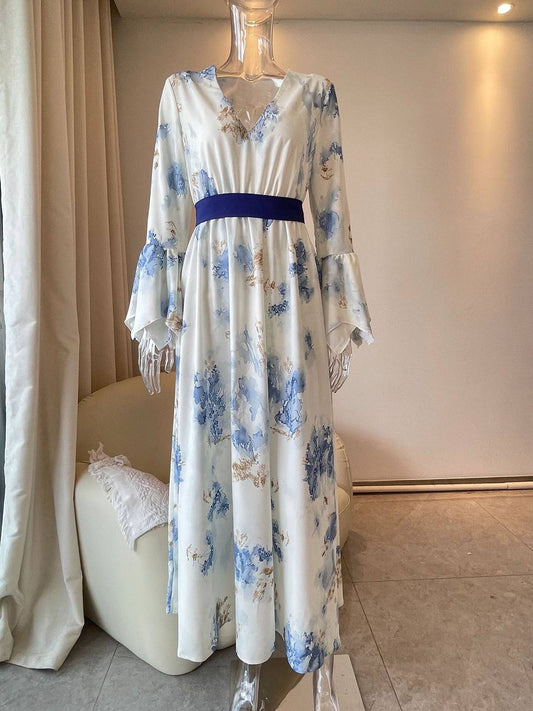 Zakaka Women's Floral Print Maxi Dress Long Bishop Sleeve V Neck Belted Gown