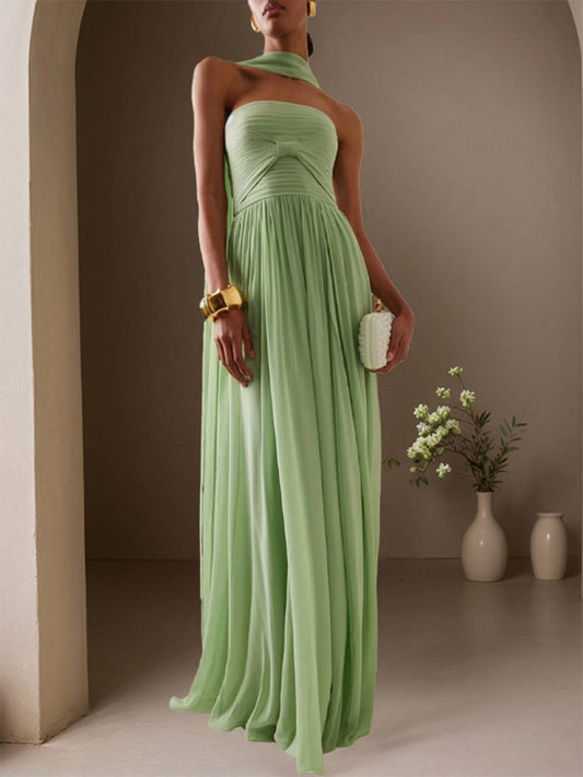 Zakaka Women's Strapless Chiffon Maxi Dress with Choker A-Line Formal Gown