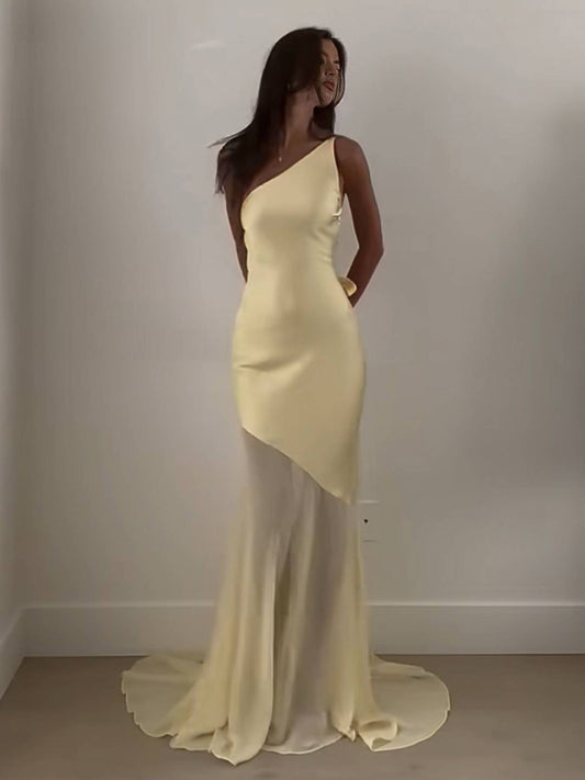 Zakaka Elegant Oblique Shoulder Backless Maxi Dress for Women Bodycon Asymmetrical Sheer Panel Mermaid Formal Evening Gown