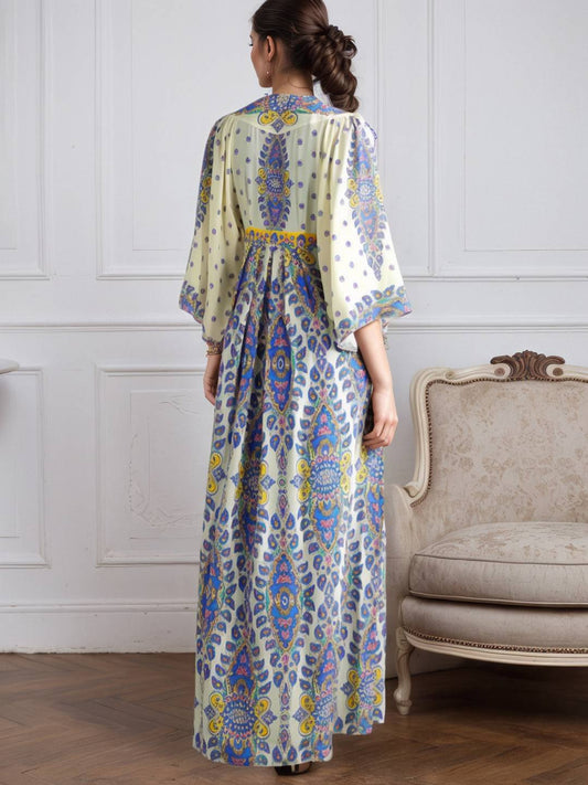 Zakaka Women's V Neck Long Sleeve Empire Waist Bohemian Print Flowy Kaftan Maxi Dress for Summer Beach
