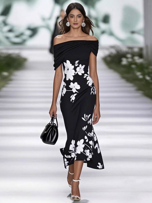 Zakaka Women's Off The Shoulder Mermaid Midi Dress Floral Print Bodycon Gown for Cocktail Wedding Guest Races