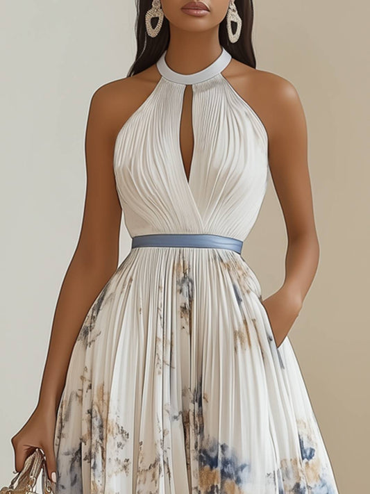 Zakaka Women's Elegant Halter Neck Pleated A-Line Gown with Pockets for Wedding Guest Dress