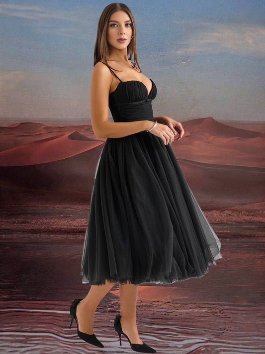 Zakaka Women Spaghetti Straps Backless Puffy Tutu Tulle Birthday Midi Dress