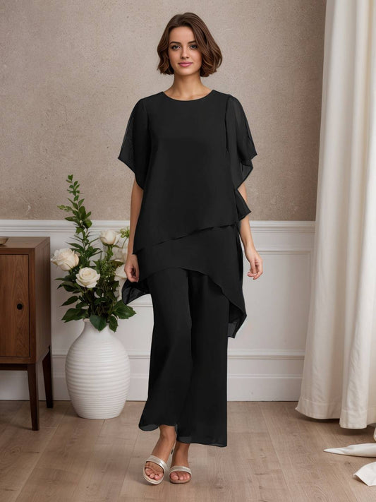 Zakaka Black Pantsuit Mother of the Bride Dress Elegant Shirt Collar Asymmetrical Chiffon Short Sleeve with Solid Color
