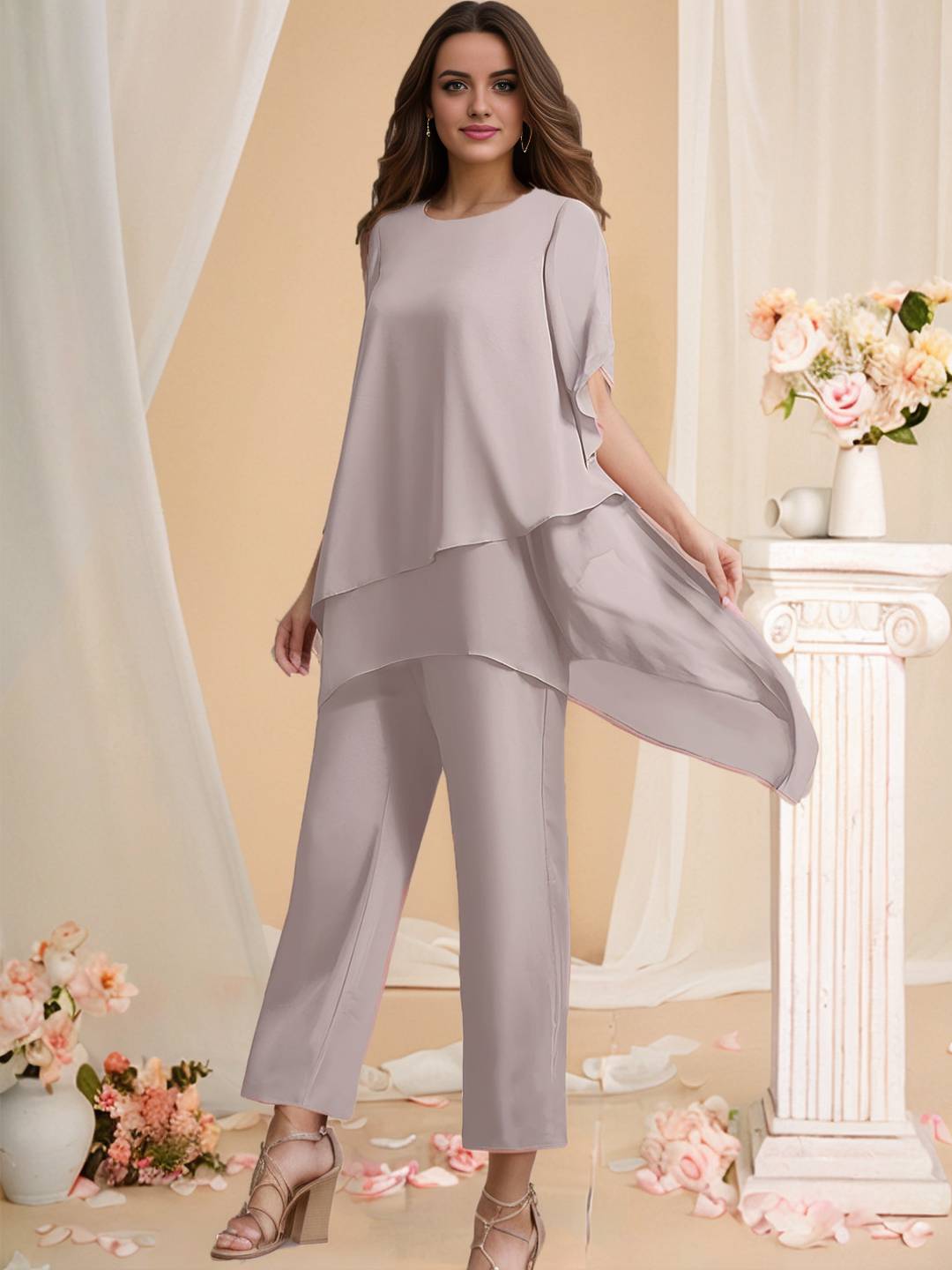 Zakaka 2 Pieces Scoop Half Sleeves Ankle-Length Mother of the Bride Pantsuits