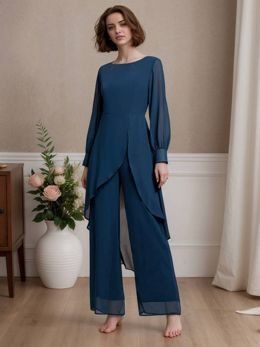 Zakaka Wedding Guest Set Solid Color Irregular 2-In-1 Chiffon Round Neck Long Sleeve Elegant Fashion Suit