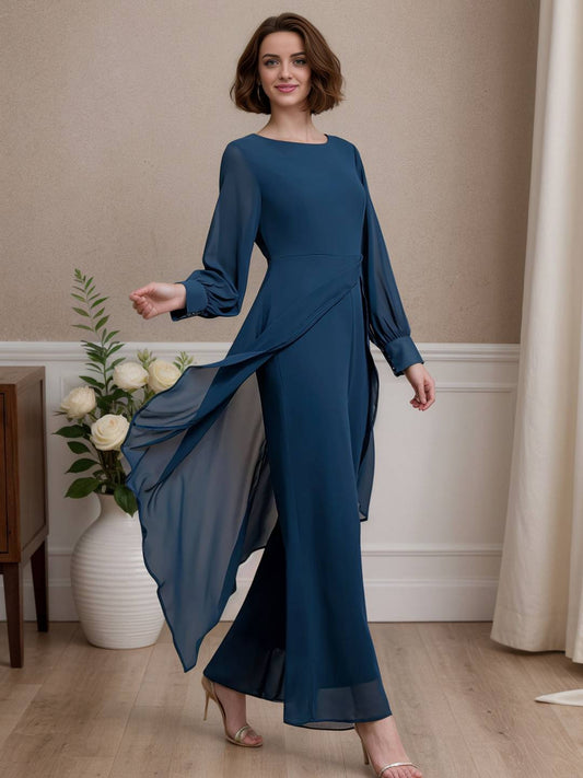 Zakaka Women Wedding Guest Set Solid Color Irregular 2-In-1 Chiffon Round Neck Long Sleeve Elegant Suit