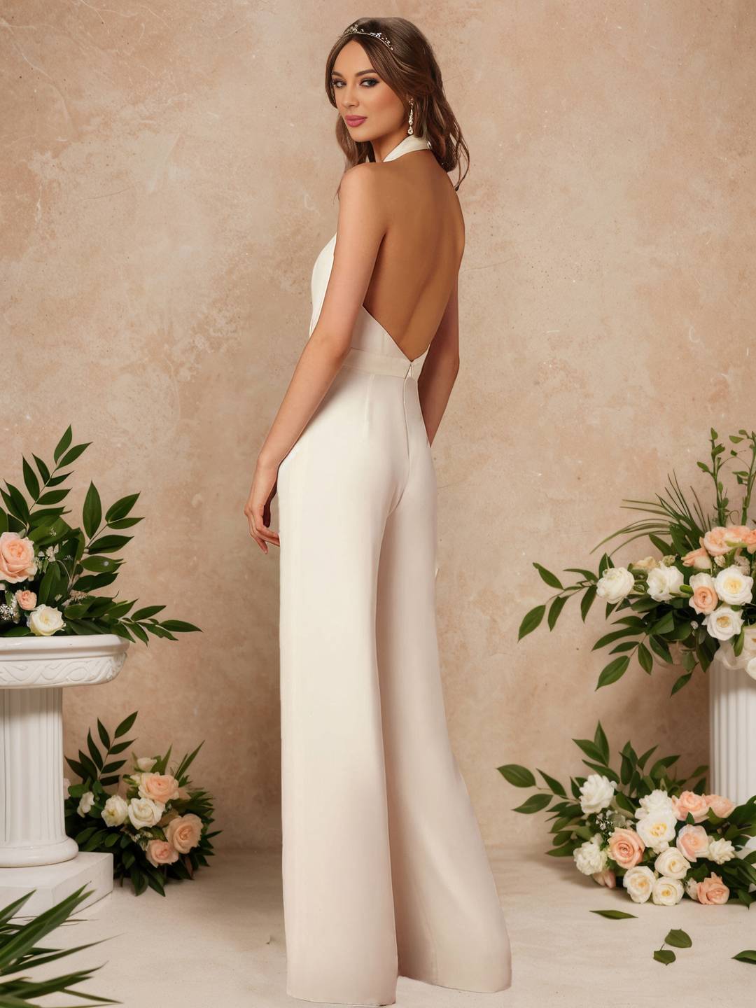 Zakaka Women Elegant Formal Jumpsuit Halter Plunging V-Neck Backless Wide Leg Palazzo Pantsuit