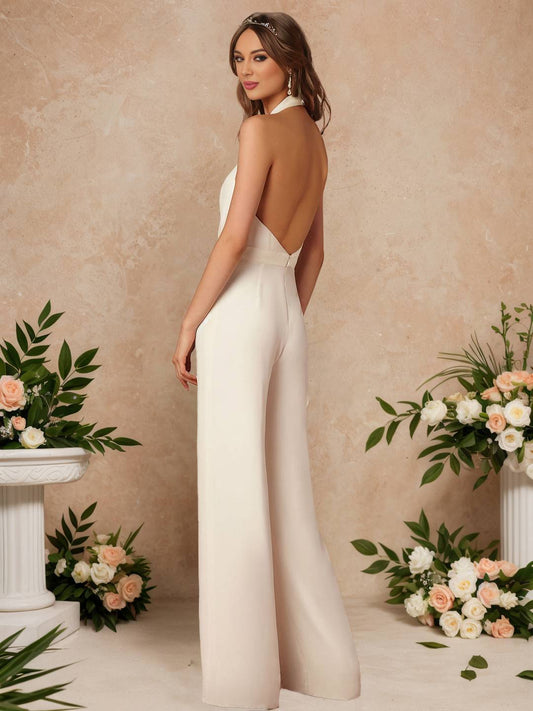 Zakaka Women Elegant Formal Jumpsuit Halter Plunging V-Neck Backless Wide Leg Palazzo Pantsuit