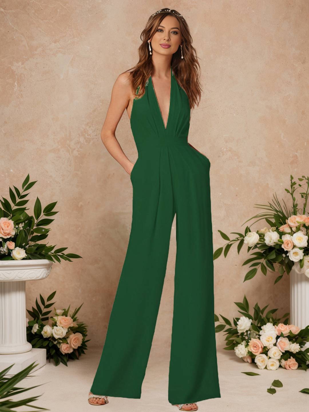 Zakaka Women Elegant Formal Jumpsuit Halter Plunging V-Neck Backless Wide Leg Palazzo Pantsuit