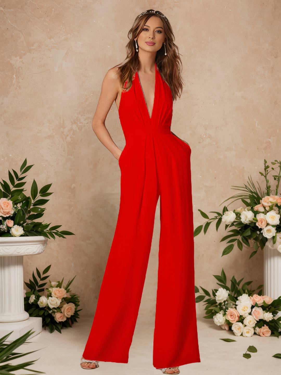 Zakaka Women's Elegant Formal Jumpsuit Halter Plunging V-Neck Backless Wide Leg Palazzo Pantsuit
