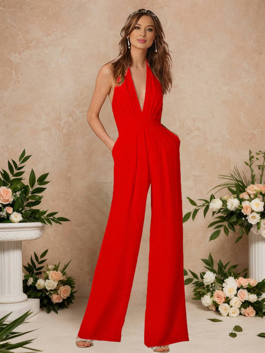 Zakaka Women's Elegant Formal Jumpsuit Halter Plunging V-Neck Backless Wide Leg Palazzo Pantsuit