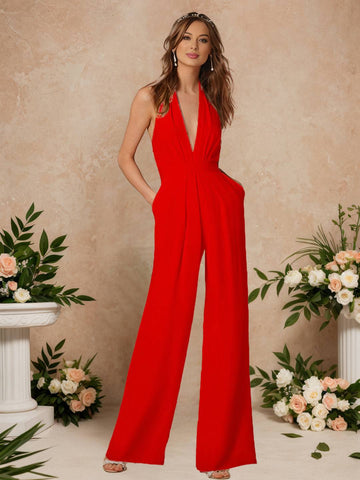 Zakaka Women's Elegant Formal Jumpsuit Halter Plunging V-Neck Backless Wide Leg Palazzo Pantsuit for Wedding