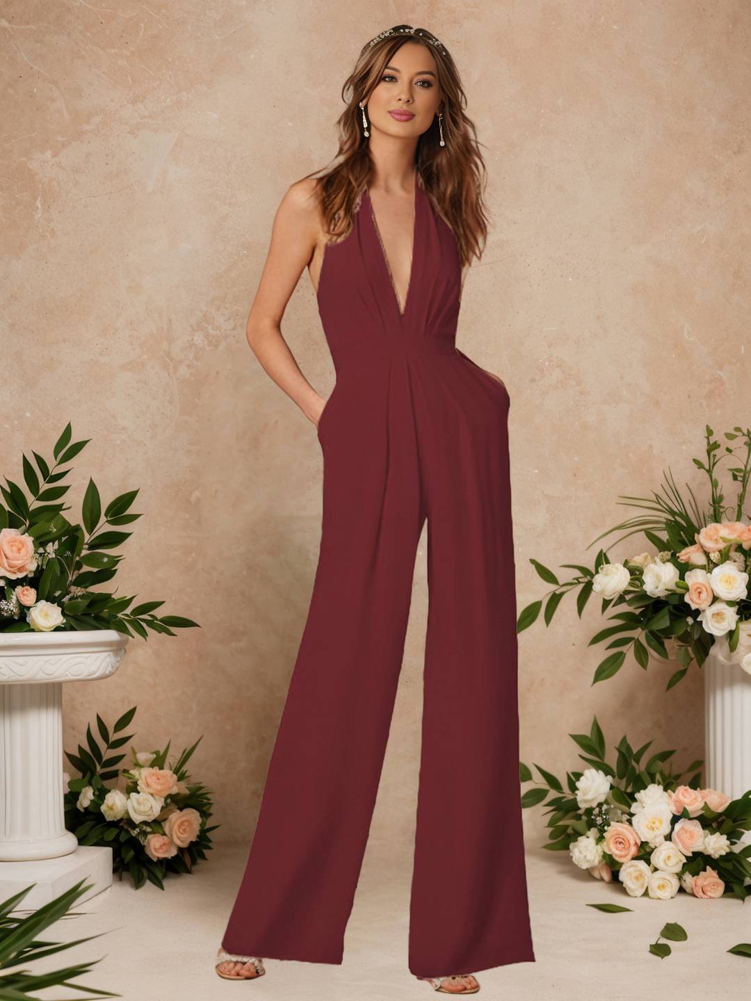 Zakaka Women Elegant Formal Jumpsuit Halter Plunging V-Neck Backless Wide Leg Palazzo Pantsuit