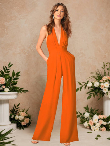 Zakaka Women's Elegant Formal Jumpsuit Halter Plunging V-Neck Backless Wide Leg Palazzo Pantsuit for Wedding