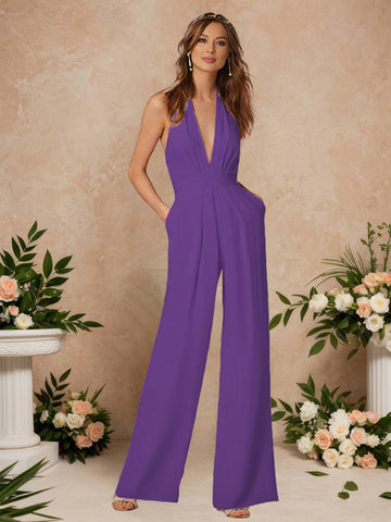 Zakaka Women's Elegant Formal Jumpsuit Halter Plunging V-Neck Backless Wide Leg Palazzo Pantsuit for Wedding