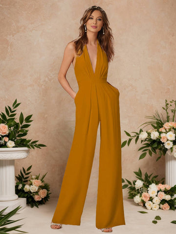 Zakaka Women's Elegant Formal Jumpsuit Halter Plunging V-Neck Backless Wide Leg Palazzo Pantsuit for Wedding