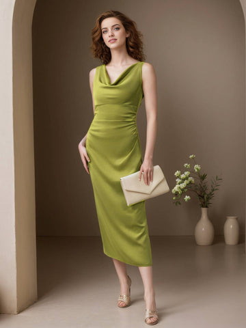 Zakaka Bodycon Satin Maxi Dress Women Cowl Neck Side Draped Sleeveless Daily Casual Evening Party Cocktail