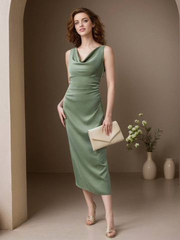 Zakaka Bodycon Satin Maxi Dress Women Cowl Neck Side Draped Sleeveless Daily Casual Evening Party Cocktail