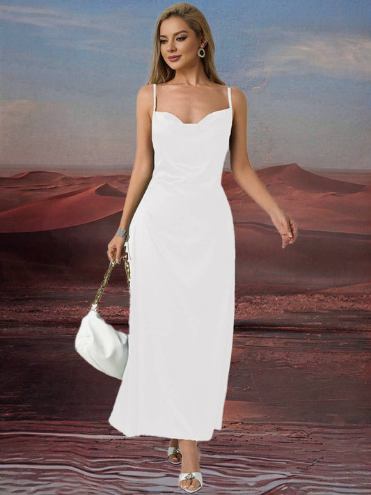Zakaka Satin Maxi Dress Cowl Neck Backless Spaghetti Straps Sleeveless Elegant Fashion Dress