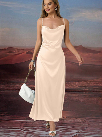 Zakaka Satin Maxi Dress Cowl Neck Backless Spaghetti Straps Sleeveless Elegant Fashion Dress