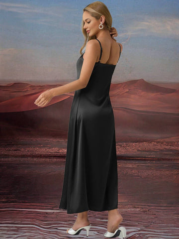 Zakaka Satin Maxi Dress Cowl Neck Backless Spaghetti Straps Sleeveless Elegant Fashion Dress