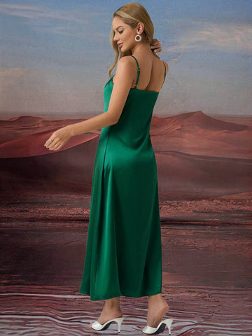 Zakaka Green Satin Maxi Dress Cowl Neck Backless Spaghetti Straps Sleeveless Elegant Fashion Dress