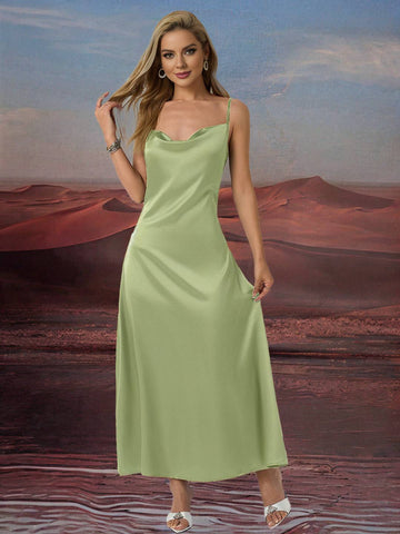 Zakaka Green Satin Maxi Dress Cowl Neck Backless Spaghetti Straps Sleeveless Elegant Fashion Dress
