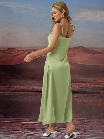 Zakaka Green Satin Maxi Dress Cowl Neck Backless Spaghetti Straps Sleeveless Elegant Fashion Dress