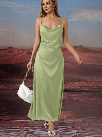Zakaka Green Satin Maxi Dress Cowl Neck Backless Spaghetti Straps Sleeveless Elegant Fashion Dress