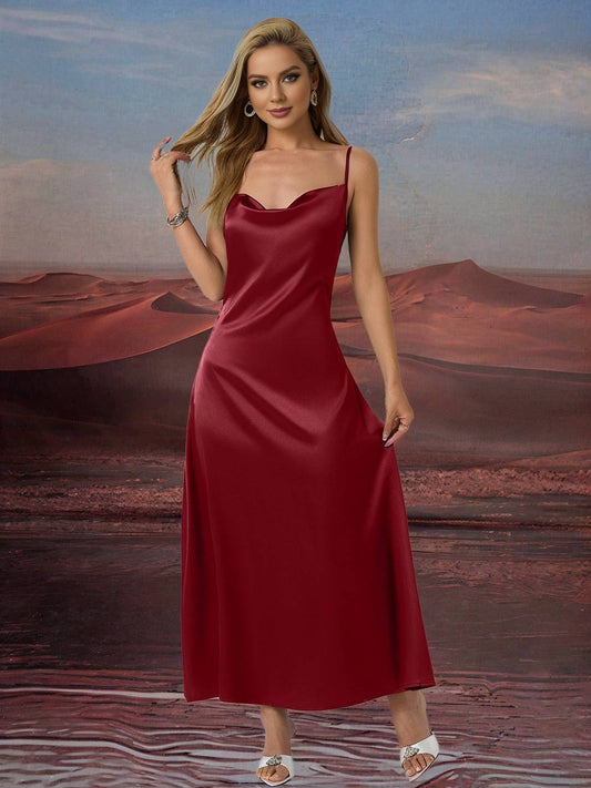Zakaka Burgundy Satin Maxi Dress Cowl Neck Backless Spaghetti Straps Sleeveless Elegant Fashion Dress