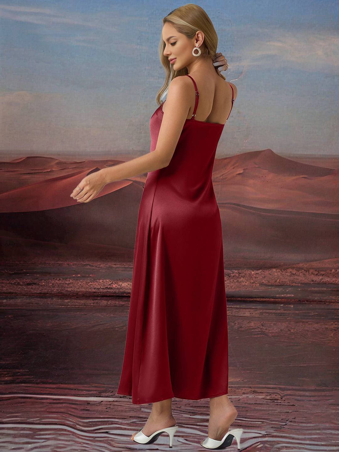 Zakaka Burgundy Satin Cowl Neck Backless Spaghetti Straps Sleeveless Elegant Maxi Dress