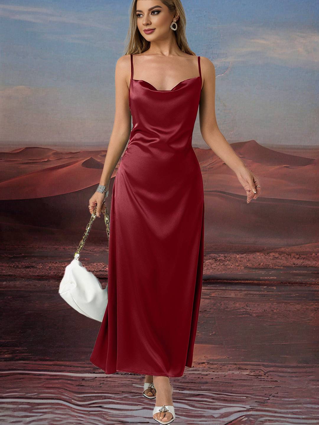 Zakaka Burgundy Satin Cowl Neck Backless Spaghetti Straps Sleeveless Elegant Maxi Dress
