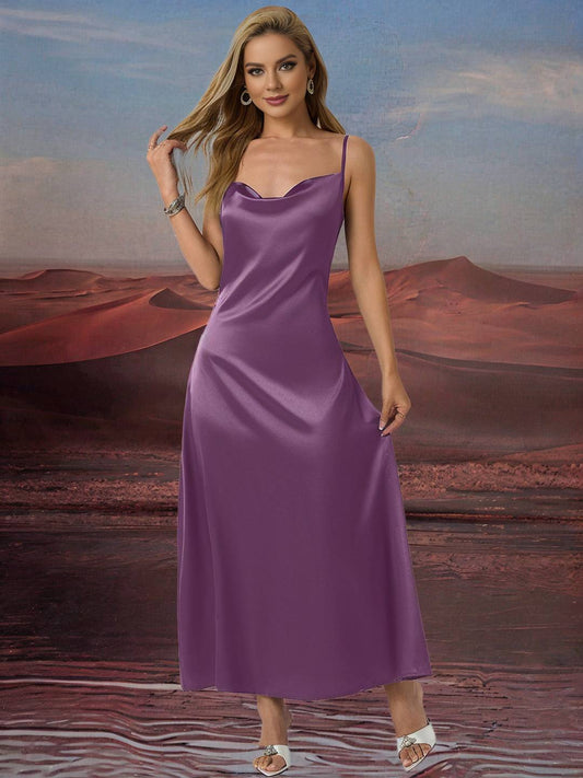 Zakaka Purple Satin Maxi Dress Cowl Neck Backless Spaghetti Straps Sleeveless Elegant Fashion