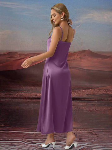 Zakaka Purple Satin Maxi Dress Cowl Neck Backless Spaghetti Straps Sleeveless Elegant Fashion Dress